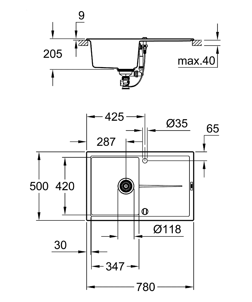 GROHE Кухненска мивка композитна за вграждане с едно корито и плот черен гранит К400 31639AP0