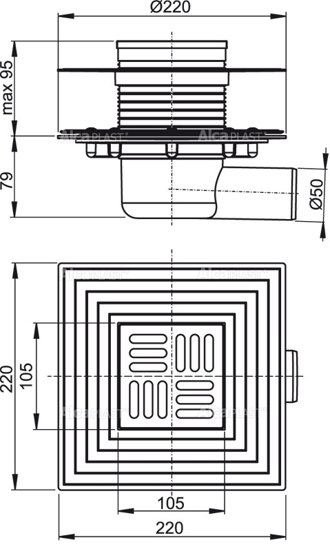 AlcaPLAST подов сифон със странично оттичане Ф50 APV1324 комбиниран с 2 яки