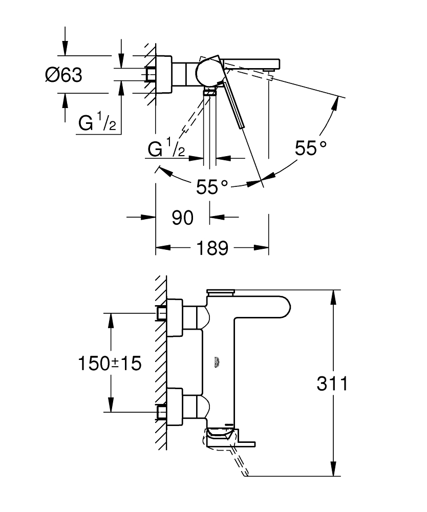 GROHE Смесител за вана едноръкохватков GROHE PLUS 33553003
