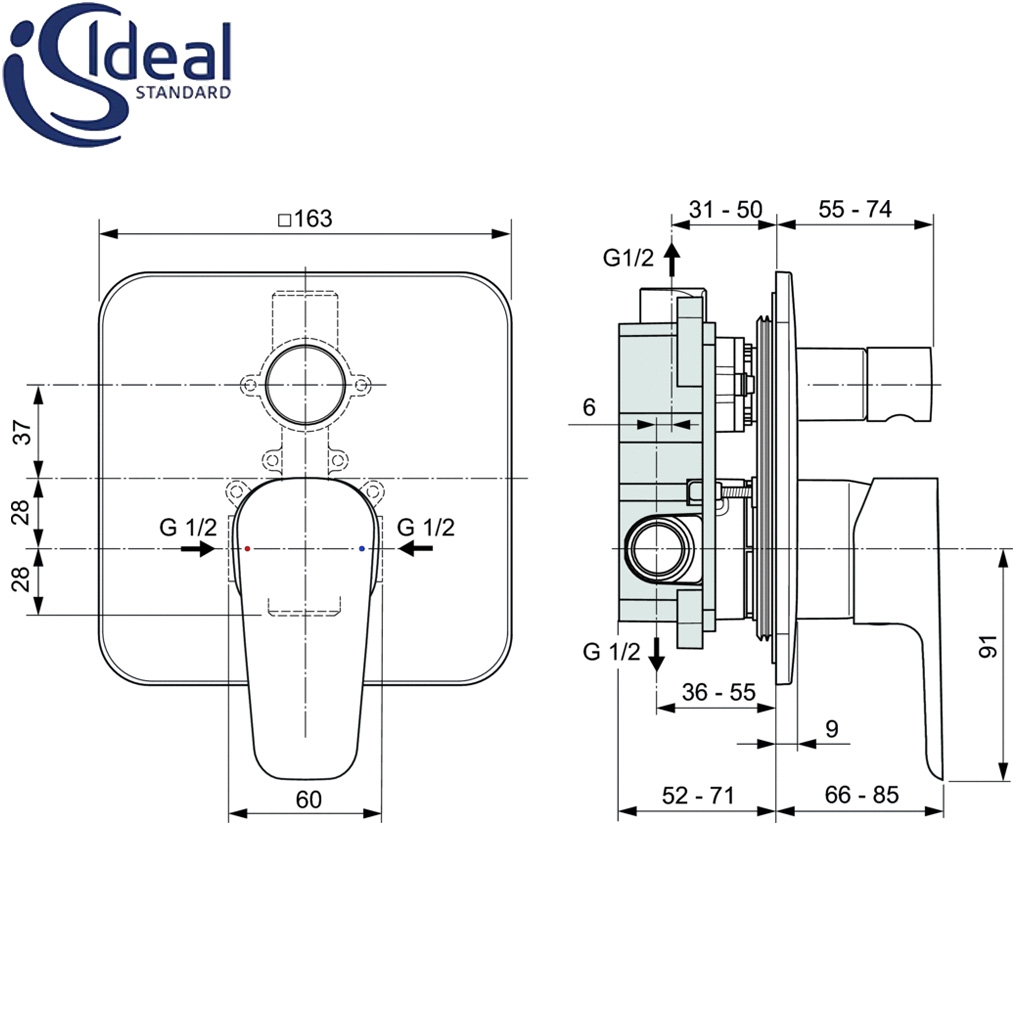 IDEAL STANDARD смесител за вграждане ВАНА/ДУШ комплект с тяло ESLA A6947AA