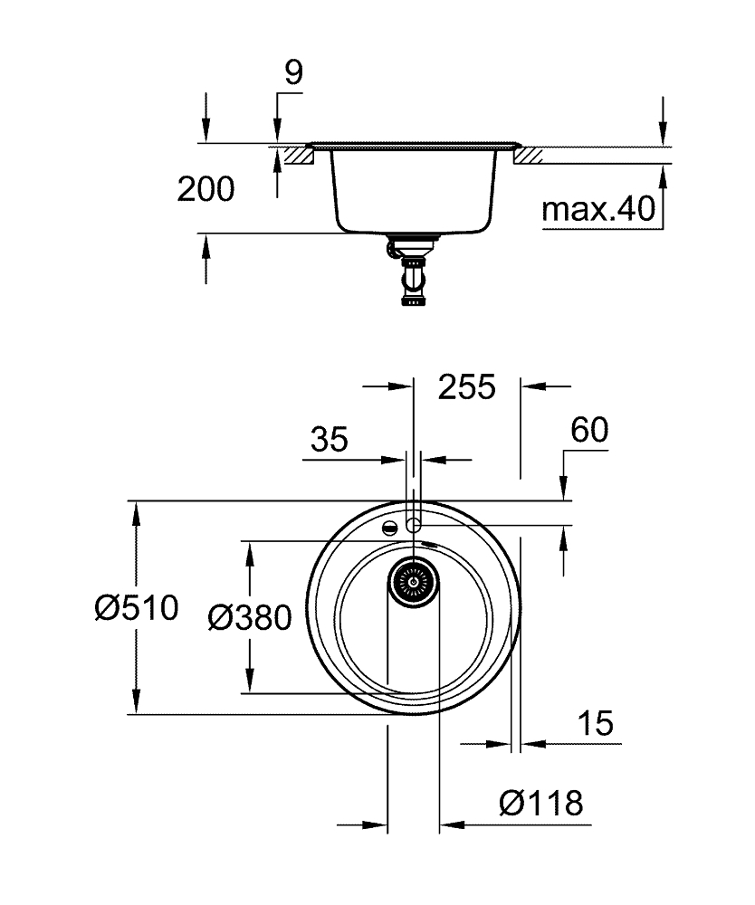 GROHE Кухненска мивка композитна за вграждане с едно корито черен гранит К200 31656AP0