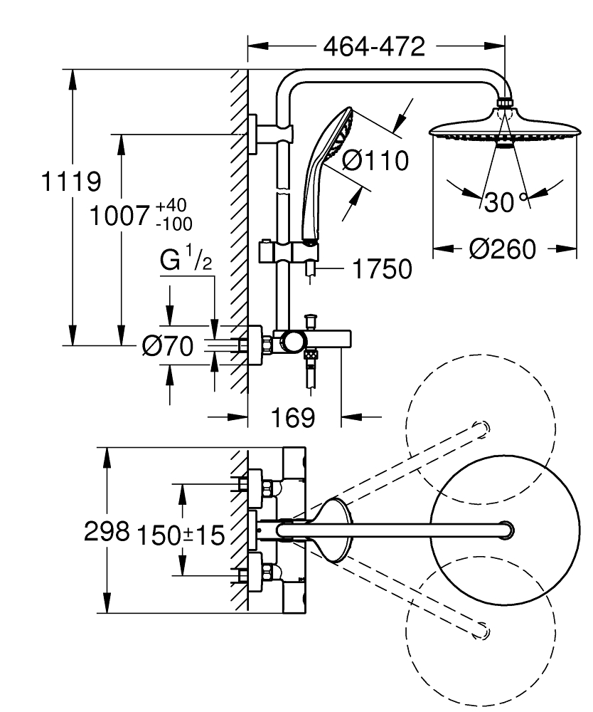 GROHE Душ система за вана за стенен монтаж EUPHORIA SYSTEM 260 26114002